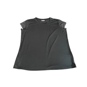 Edgely Womens XL Black Rhinestone Embellished Cap Sleeve Crew Neck Stretch Top